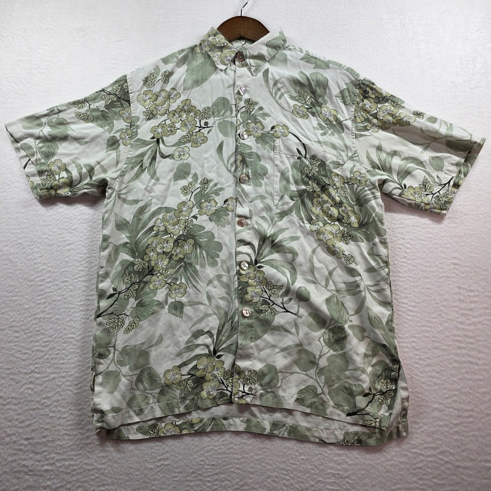 Pineapple Moon Mens Silk Hawaiian Shirt Small Sage Green Floral‎ Button Down S